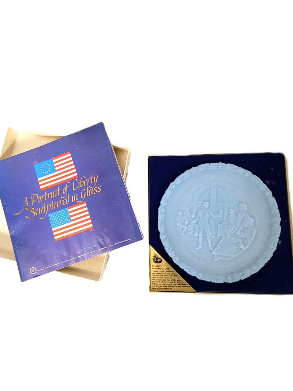 Vtg 1973 Fenton Powder Blue Satin Glass Bicentennial Plate Patrick Henry Box GFW